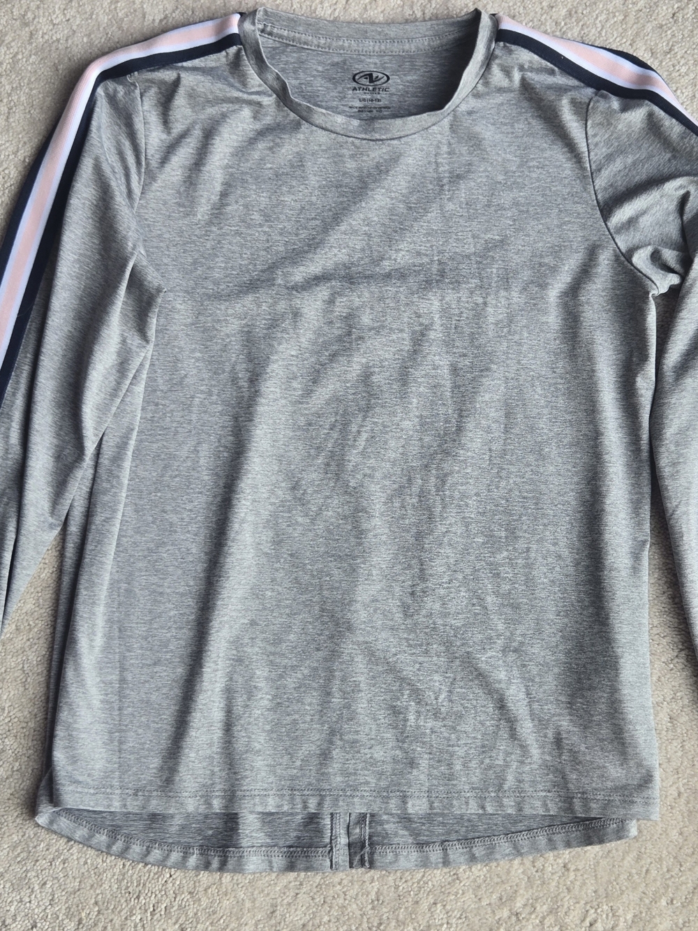 Athletic Works Grey Long Sleeve Tee with Navy and Light Pink Shoulder Stripes
